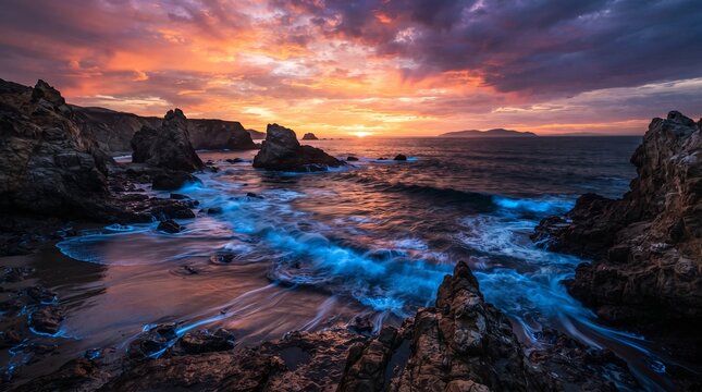 Dramatic sunset over rocky coastline with crashing blue waves