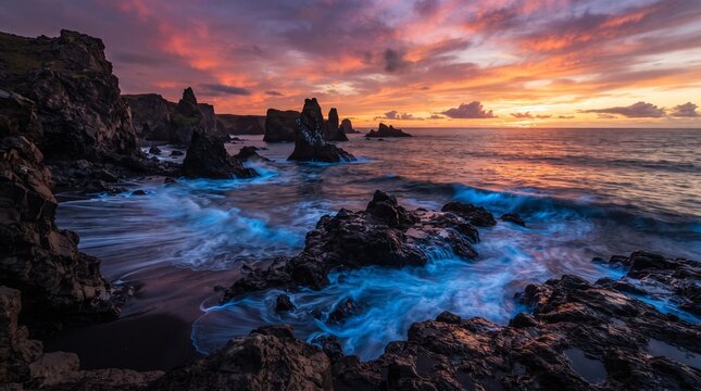 Dramatic sunset over rocky coastline with glowing blue ocean waves