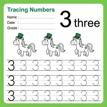 Tracing numbers worksheet for kids with number three and cute cartoon horses