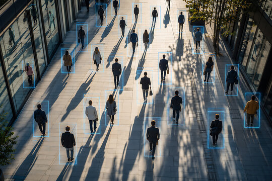 People walking along a city sidewalk are highlighted with blue rectangles