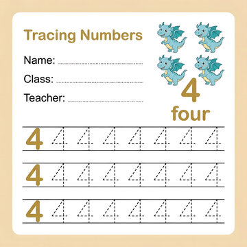 Tracing numbers worksheet for kids to learn number four with dragon character graphics
