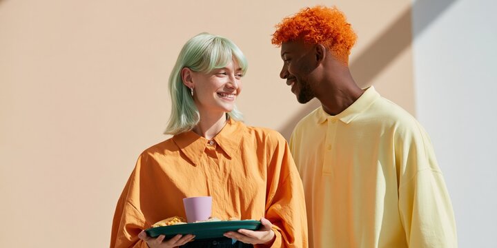 Smiling young multicultural couple holding tray and cup for lifestyle background and banner design with pastel minimalism and studio lighting