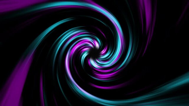 Abstract neon purple and cyan light streaks swirling in a dynamic twirl motion on a black background creating a futuristic digital vortex spiral for motion graphics and video backgrounds