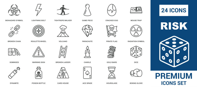 Collection of 24 risk and hazard line icons featuring dangerous symbols, gambling pieces, and warning signs for security and safety applications