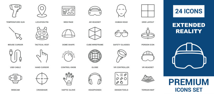 Set of 24 extended reality and virtual reality line icons for technology and digital interface on a white background, for web