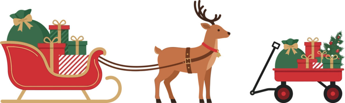 Christmas vector illustration of Santa sleigh with reindeer pulling presents and red wagon carrying holiday gifts