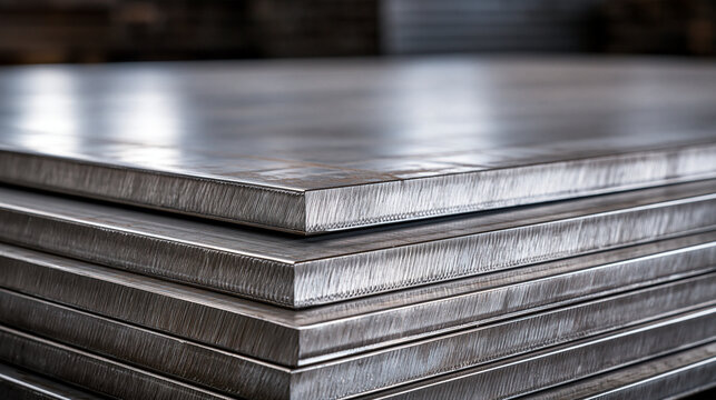 Stack of heavy industrial steel plates stacked neatly in a warehouse with soft lighting. Industrial manufacturing concept for metal supply ads.