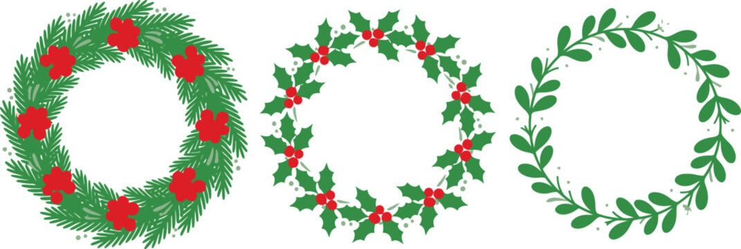 Christmas wreaths vector set with pine branches and holly berries