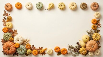 Obraz premium Thanksgiving day border of assorted miniature pumpkins on a neutral background