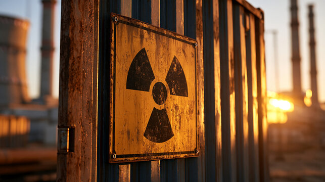 Rusty radioactive sign on an industrial container at sunset with power plant chimneys in the background. Conceptual background for nuclear energy and safety awareness.