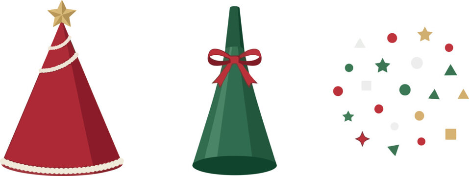 Christmas party hats and confetti vector illustration, festive holiday celebration objects