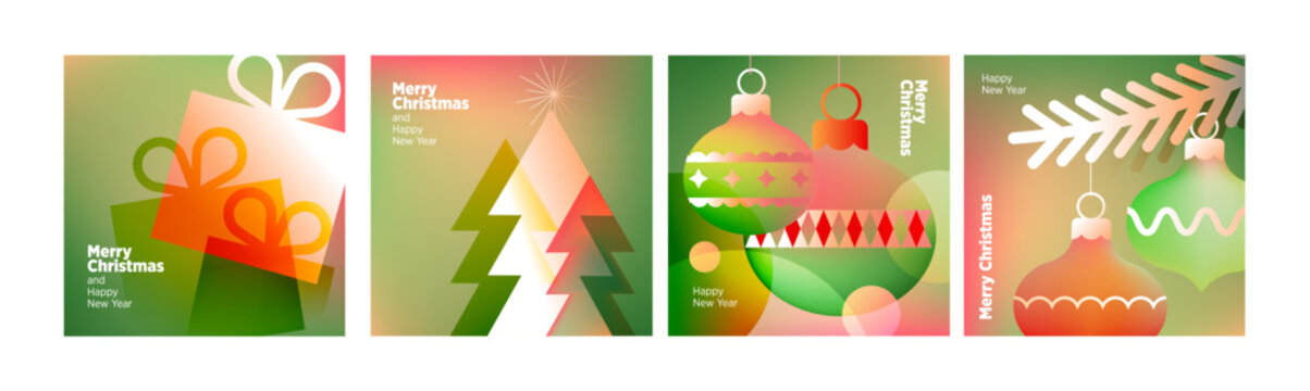 Merry Christmas and Happy New Year greeting cards. Vector illustrations for holiday greeting card, poster, cover, website and social media banner, marketing.