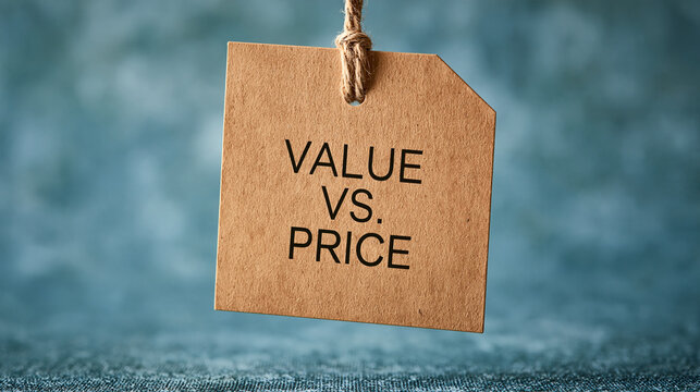 Value vs price text on a brown paper tag hanging with twine against a textured blue background. Business concept for financial comparison and marketing strategy.
