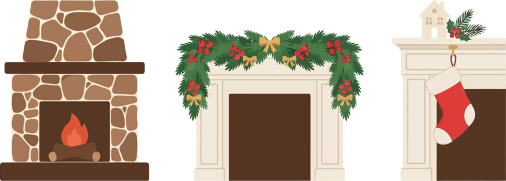 Christmas fireplace vector set with stone fireplace, holiday garland and stocking