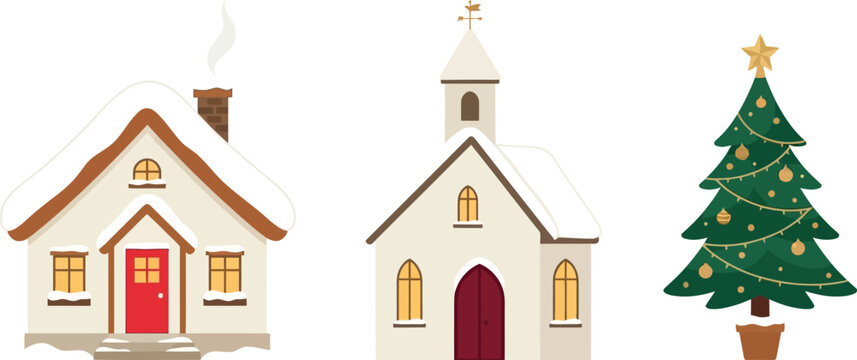 Christmas village vector illustration with snowy house, church, and decorated pine tree