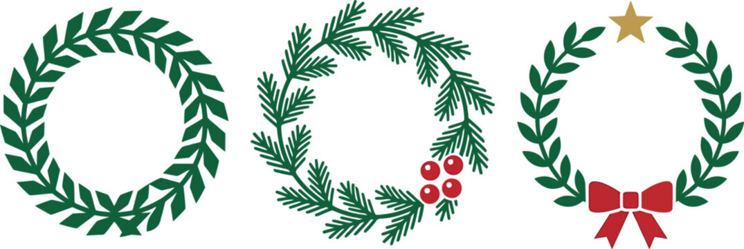Christmas wreaths vector set with pine branches, red berries, star and bow