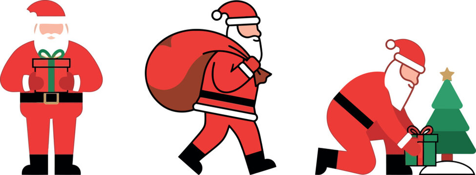 Santa Claus vector illustrations set with gift box, sack of presents, and Christmas tree