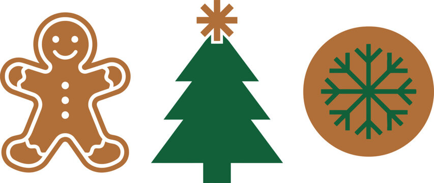 Christmas cookies vector icons set with gingerbread man, pine tree and snowflake isolated on white