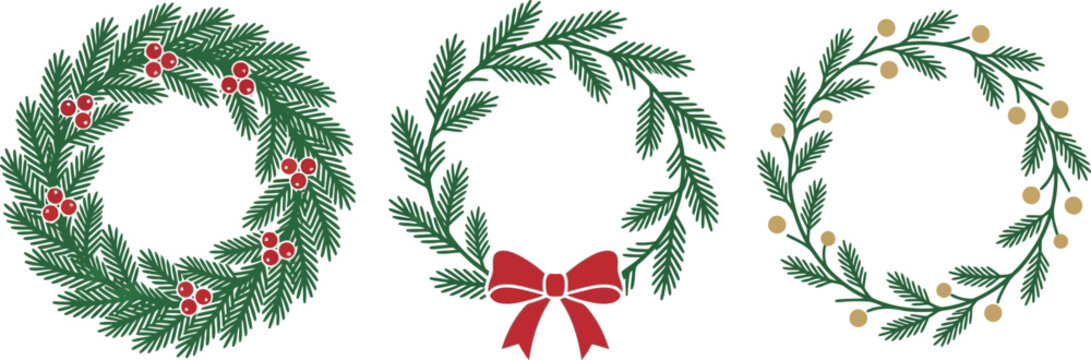 Christmas wreaths vector illustration set with pine branches, red berries, gold ornaments, and a red bow