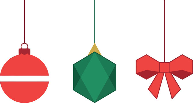 Christmas ornaments vector illustration with hanging baubles and red ribbon bow