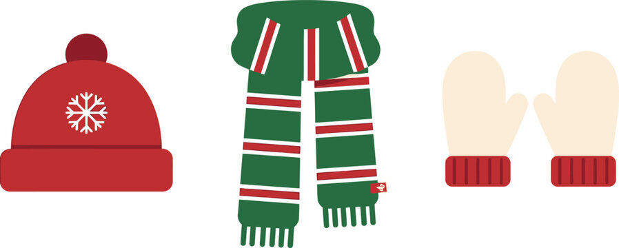 Winter clothing vector set with red knit beanie hat, green scarf, and white mittens for cold weather