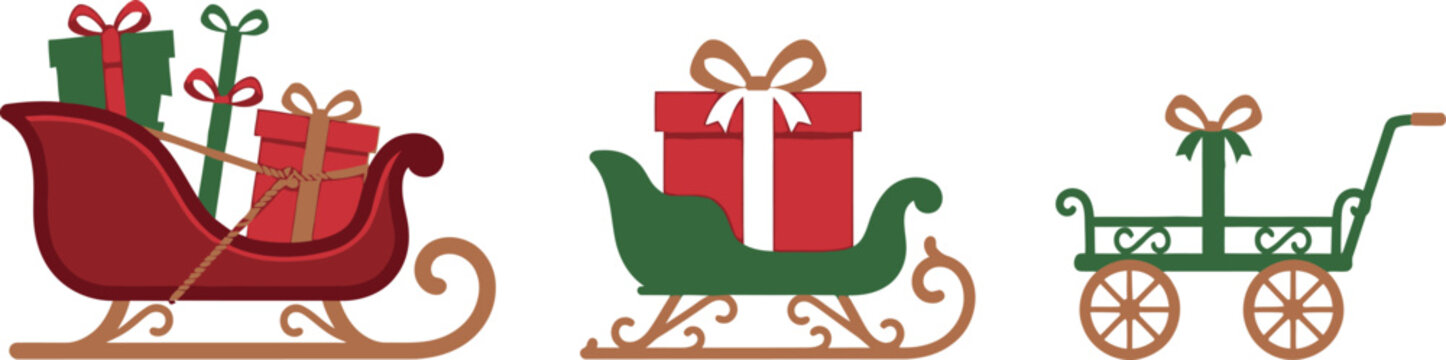Christmas sleighs and cart vector illustration with gifts and presents isolated on white