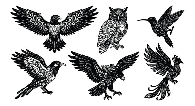 Mechanical birds with gears and clockwork black vector illustration