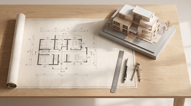 Real estate architectural floor plan with model and engineering tools on wooden desk