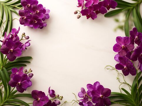 Purple orchid flowers and green leaves framing a white background