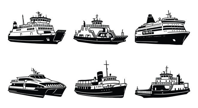 Collection of black ship silhouettes against a white background