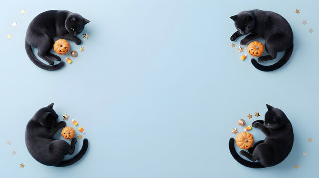 Sleeping black cats with mini pumpkins four corner border on blue