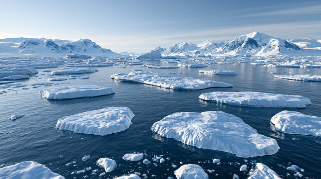 Large icebergs floating in the freezing blue ocean waters of Antarctica. Use this image to illustrate climate change and global warming environmental concepts.