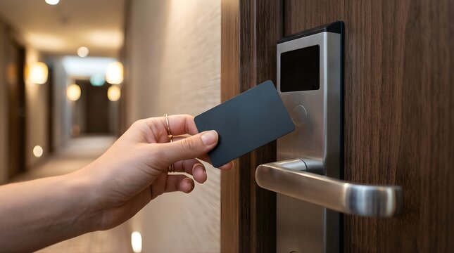 Person holding key card to unlock hotel room door in a corridor