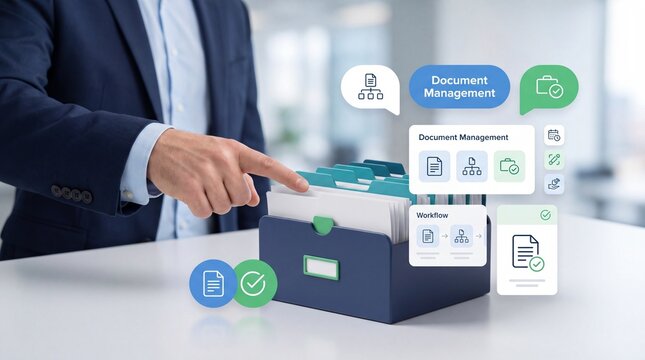 Businessman selecting a file from a document management system in an office environment