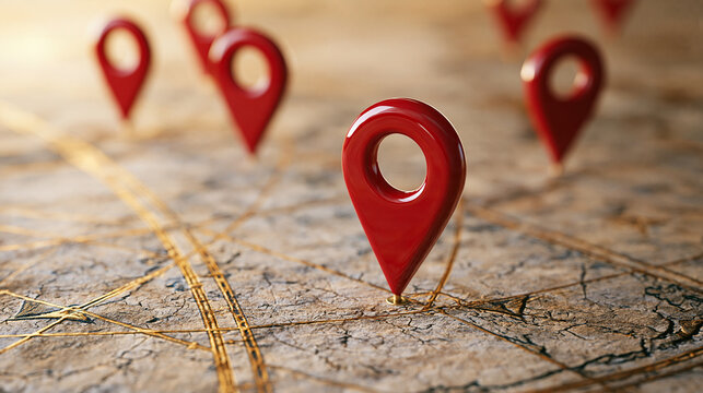 Red map pins standing on an old textured world map under warm lighting. Travel destination and navigation concept for tourism ads.