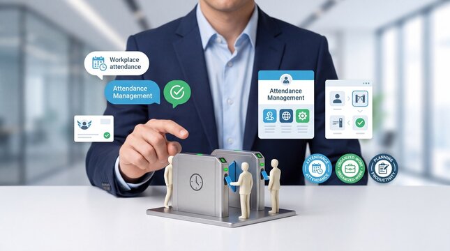 Businessman interacting with a digital attendance management system interface on a desk in office
