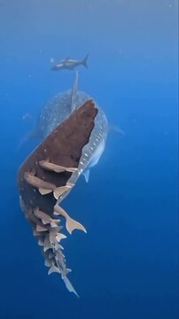 Whale shark swimming underwater with remora fish attached to tail

