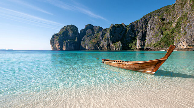 Traditional long-tail boat anchored in clear turquoise water at a sunny tropical beach. Perfect image for luxury travel marketing and exotic vacation advertisement campaigns.