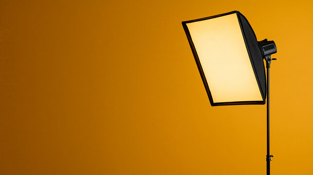 A professional studio softbox light on a stand glowing against a vibrant yellow background. Ideal for commercial photography and video production advertisements.