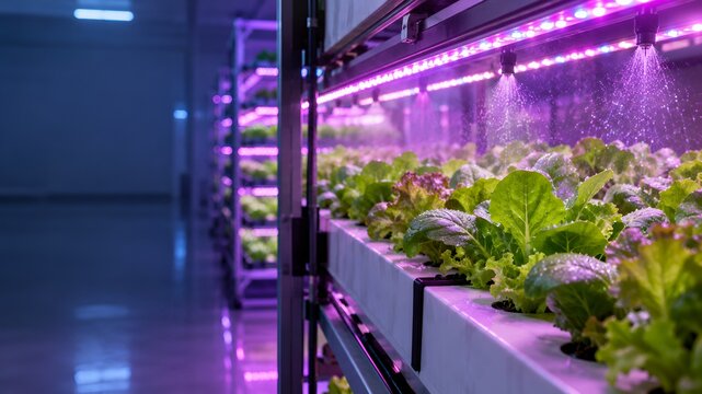 Indoor Vertical Farm Growing Leafy Greens Under LED Lights