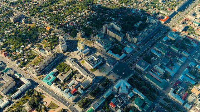 Tambov, Russia. International street. Lenin Square. Panoramic view of the city from the air. Drone footage