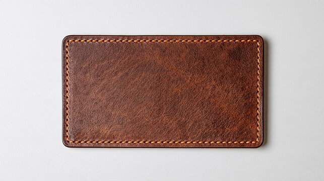A rectangular brown leather patch with stitched edges isolated on white background. Useful for product branding mockup or luxury label design templates.