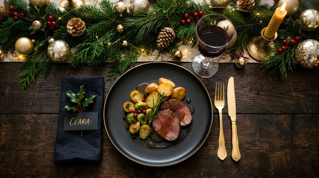 Gourmet christmas dinner plate with roasted meat and vegetables, christmas