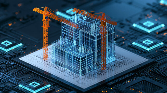 A digital 3D architectural wireframe building model with orange construction cranes standing on a high-tech circuit board. Ideal for smart city technology and digital engineering.
