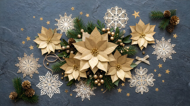 Festive gold poinsettia flowers and snowflake decorations on dark background