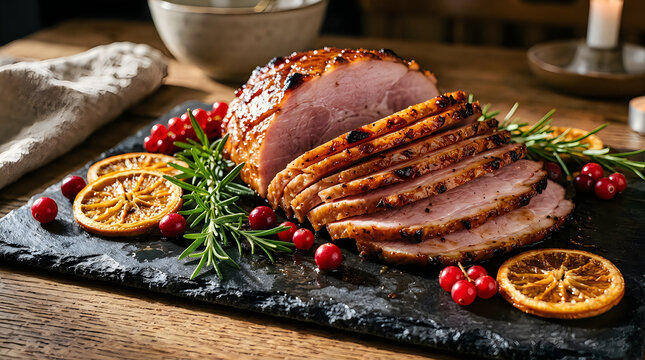 Roasted holiday glazed ham sliced on slate serving board with christmas
