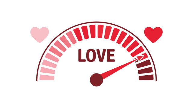 High level love meter gauge with heart symbol, romantic rating scale, emotional connection, affection level, relationship concept, passion, and feeling intensity.