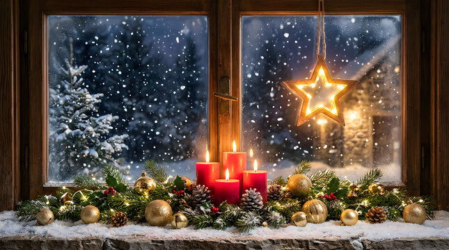 Advent candles on snowy window sill with glowing christmas star, christmas