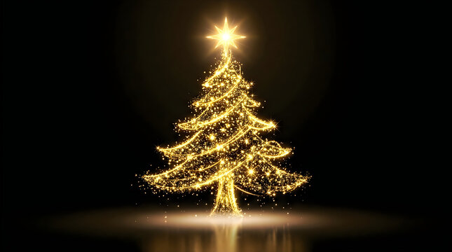 Glowing golden christmas tree silhouette with star topper on black background