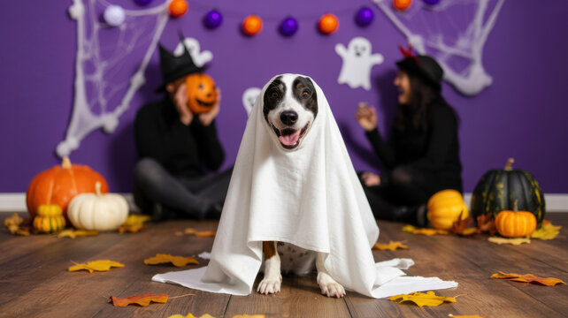 A dog dressed as a ghost is sitting among pumpkins and Halloween decorations with people.